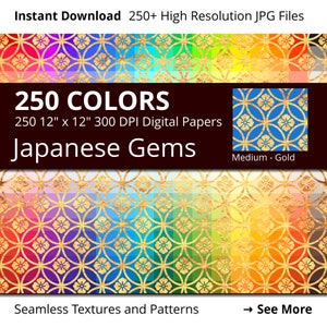 Japanese Gems Gold Digital Paper Pack, 250 Colors Digital Paper Gold Hanabishi Shippo Traditional Japanese Pattern in Rainbow Colors