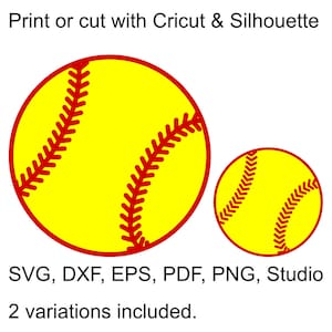 May include: Two variations of a yellow softball with red stitching. The softball is a digital design file for use with Cricut and Silhouette cutting machines. The file formats included are SVG, DXF, EPS, PDF, PNG, and Studio.