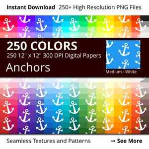 Anchors Digital Paper Pack, 250 Colors Nautical Digital Paper Anchor Pattern, Anchors Backdrop, Medium White Anchors Color Background