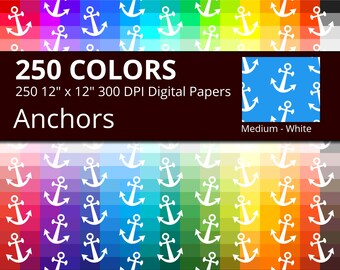 Anchors Digital Paper Pack, 250 Colors Nautical Digital Paper Anchor Pattern, Anchors Backdrop, Medium White Anchors Color Background