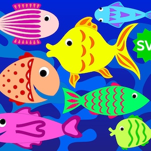 May include: A digital illustration of six colorful fish with different patterns and designs. The fish are swimming in a blue ocean with white and blue waves. The word "SVG" is in a green star shape in the upper right corner of the image.