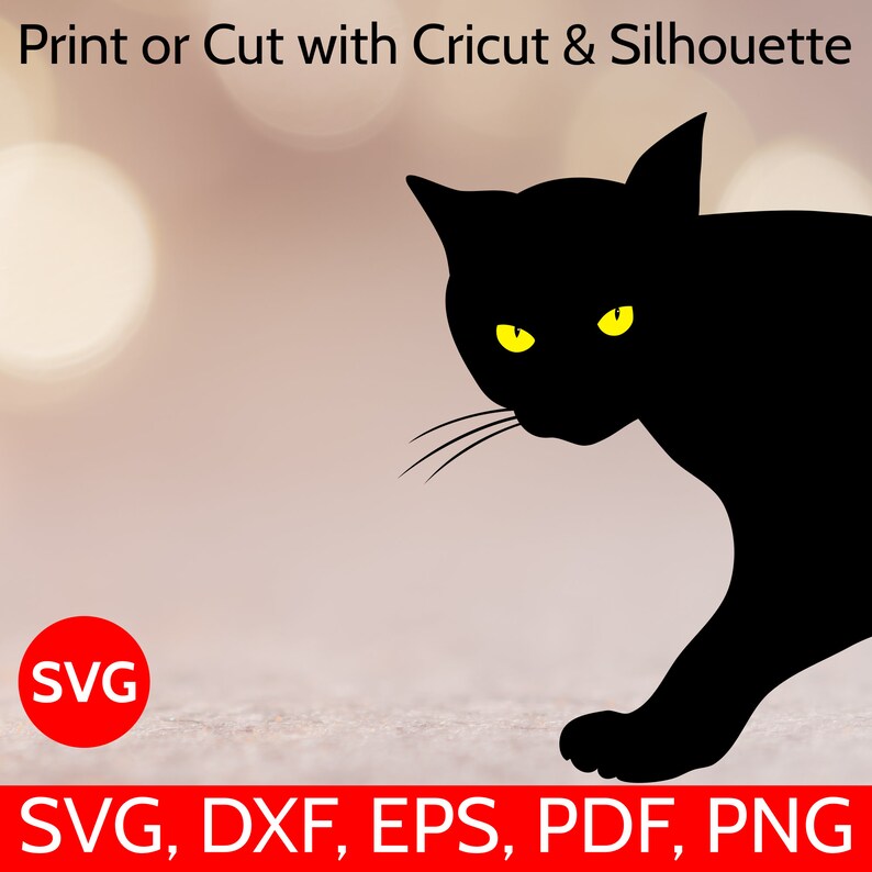 Puede incluir: Silueta negra de un gato con ojos amarillos, mirando hacia la izquierda. La imagen est&aacute; sobre un fondo borroso con el texto "Print or Cut with Cricut & Silhouette" en la parte superior y "SVG, DXF, EPS, PDF, PNG" en la parte inferior.