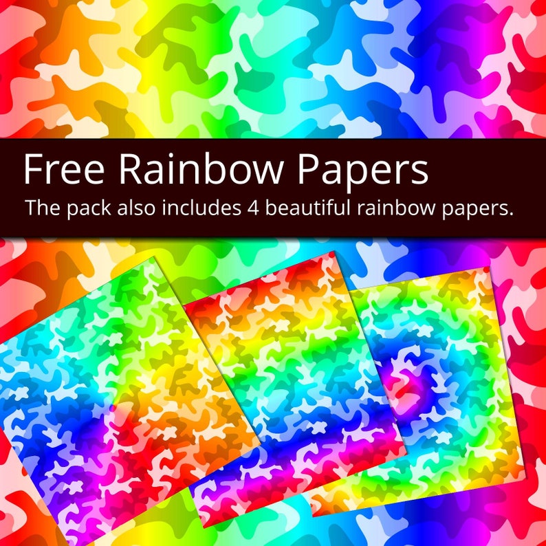May include: Four digital papers with a rainbow camouflage pattern. The pack also includes 4 beautiful rainbow papers.