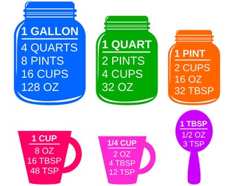 Colorful Measuring Cups SVG and Printable Kitchen Conversion Chart Clipart to make kitchen and cooking gifts