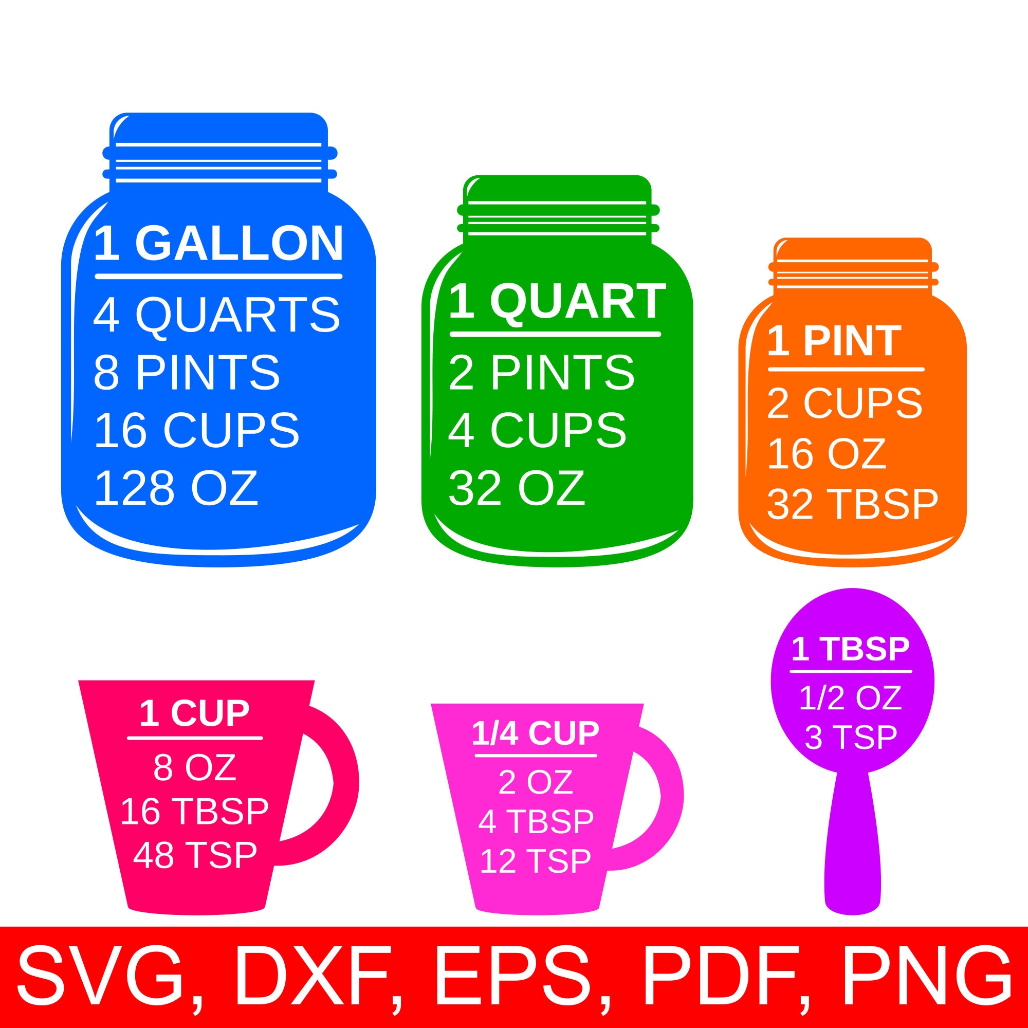 Colorful Measuring Cups SVG and Printable Kitchen Conversion Chart Clipart  to make kitchen and cooking gifts