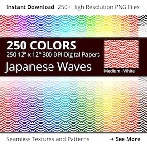 Pode incluir: 250 papéis digitais com um padrão de ondas japonesas em várias cores. Cada papel mede 30,5 cm por 30,5 cm e 300 DPI. A imagem mostra uma amostra dos papéis em um degradê de arco-íris.