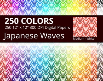 250 White Japanese Waves Digital Paper Pack with 250 Colors, Rainbow Colors Medium White Japanese Waves Pattern Scrapbooking Paper Download