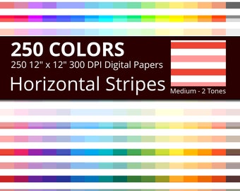 250 Tinted and White Horizontal Stripes Digital Paper Pack with 250 Colors, Rainbow Colors Lightly Colored and White Horizontal Stripes