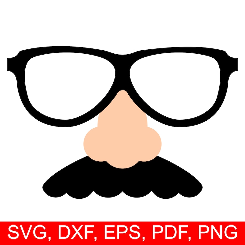 May include: A black and white printable party prop featuring a pair of glasses, a fake nose, and a mustache.