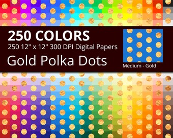 250 Golden Polka Dots Digital Paper Pack with 250 Colors, Rainbow Colors Gold Polka Dots Pattern Digital Scrapbooking Paper Download