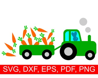 Easter Tractor SVG File with an Easter Bunny driving a tractor so full of carrots that some of them are falling