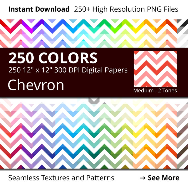 Może przedstawiać: 250 cyfrowych papier&oacute;w z wzorami chevron w 250 kolorach. Każdy papier ma rozmiar 12 cali na 12 cali i 300 DPI. Obraz przedstawia wz&oacute;r chevron w kolorach tęczy na białym tle.