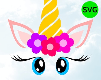 Unicorn Face SVG with Flowers, Horn, Eyelashes and Big Cute Eyes to print or cut with Cricut & Silhouette