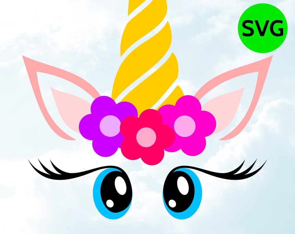 unicorn face svg with flowers horn eyelashes and big