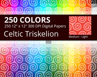 Celtic Triskelion Digital Paper Pack, 250 Colors Tinted Celtic Digital Paper Triskele, Medium Light Irish Triskele Pattern Digital Paper