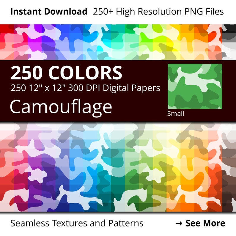 May include: 250 digital papers featuring a camouflage pattern in various colors. Each paper is 12 inches by 12 inches and 300 DPI. Seamless textures and patterns.