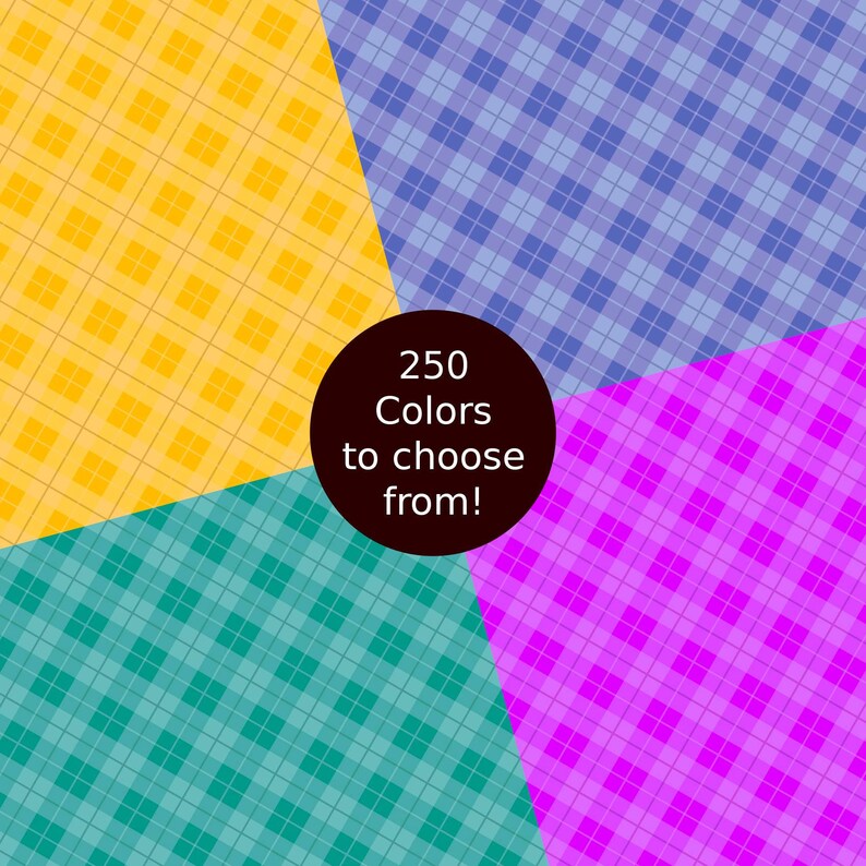 May include: A graphic with four squares of different coloured plaid patterns. The squares are yellow, blue, green, and pink. In the centre of the graphic is a black circle with the text "250 Colours to choose from!"