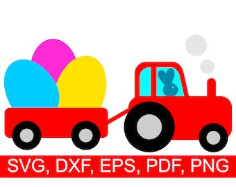 Easter Eggs Tractor SVG File with Easter Rabbit driving a tractor loaded with big colored Easter Eggs