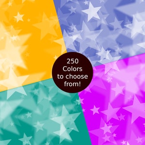 May include: Four squares of color with a white star pattern. The squares are yellow, blue, teal, and pink. The center of the image has a black circle with the text "250 Colors to choose from!"