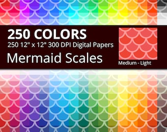 250 Mermaid Scales Digital Paper Pack with 250 Colors, Rainbow Colors Medium Light Mermaid Scales Pattern Scrapbooking Paper Download
