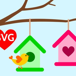 Birdhouse SVG archivos para Cricut & Silhouette, 2 casas de pájaros colgando de una rama de árbol y un pájaro SVG archivos cortados, Love Heart Bird house SVG