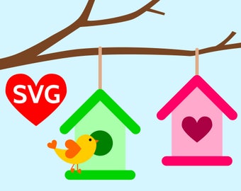 Birdhouse SVG files for Cricut & Silhouette, 2 Bird houses hanging from a tree branch and a bird SVG cut files, Love Heart Bird house SVG