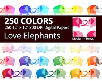 Love Elephants Digital Paper Pack, 250 Colors Digital Paper Elephant Hearts Pattern, Animal Digital Papers, Cute Elephant Background