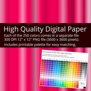 May include: A digital paper pack with 250 metallic foil colors, each in a separate 12x12 inch 300 DPI PNG file. The pack also includes 4 free rainbow papers.  The image shows a color palette with a rainbow gradient.