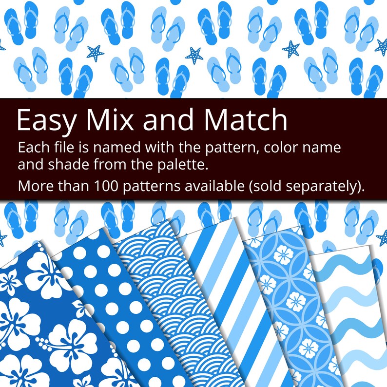 May include: A set of six digital paper patterns featuring blue and white designs. The patterns include a floral design, polka dots, waves, stripes, a geometric pattern, and a traditional Japanese wave pattern. The text "Easy Mix and Match" is displayed above the patterns. Each file is named with the pattern, colour name, and shade from the palette. More than 100 patterns are available (sold separately).