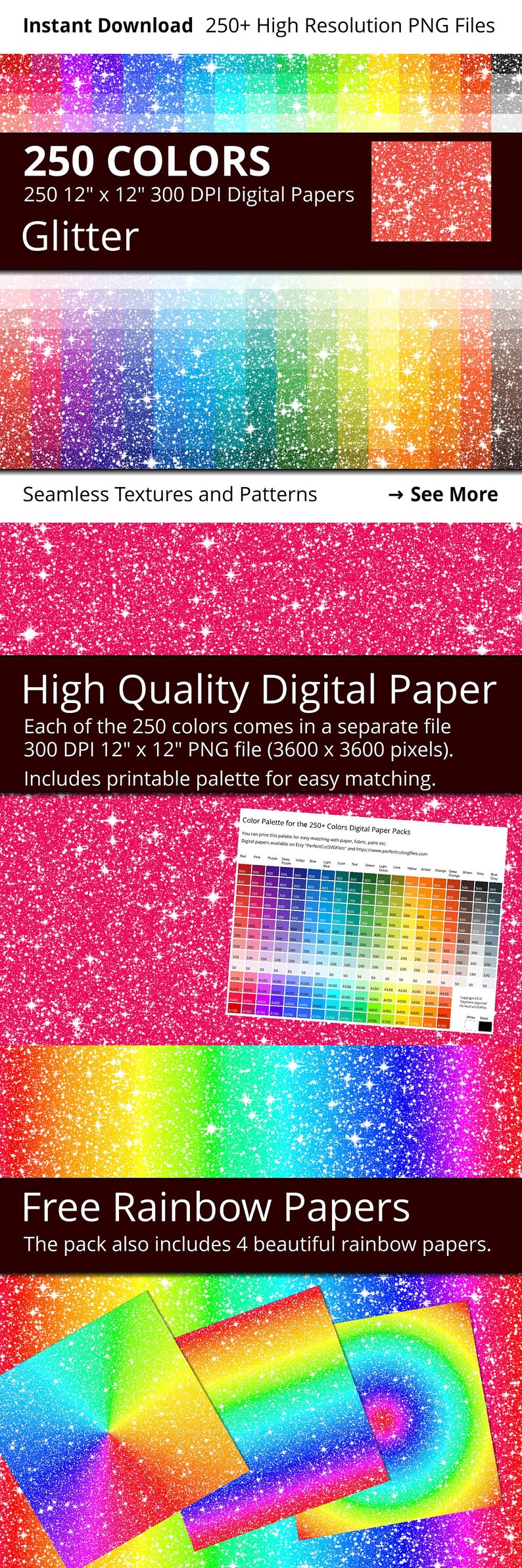 Glitter Digital Paper Pack, 250 Colors Digital Glitter Texture Sparkle Scrapbooking Paper Download, Rainbow Glitter Digital Papers Pack image 7