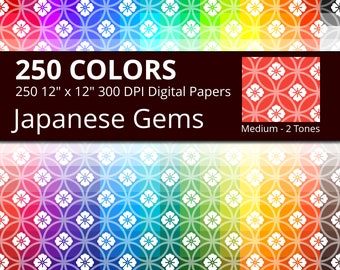 250 Japanese Flowers and Gems Digital Paper Pack with 250 Colors, Rainbow Colors Flower and Jewel Pattern Scrapbooking Digital Papers