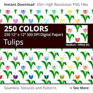 Tulips Digital Paper Pack, 250 Colors Medium Tulip Flowers Digital Paper on White Background, Rainbow Tulips Scrapbooking Paper Download