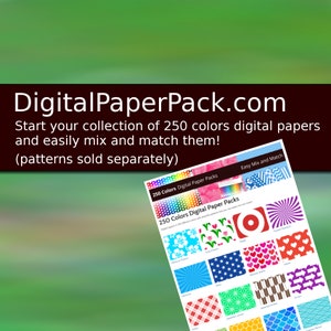May include: A digital paper pack with 250 colours. The image shows a variety of patterns, including flowers, stars, hearts, and geometric designs. The text on the image reads "250 Colours Digital Paper Packs" and "Easy Mix and Match".