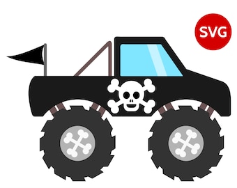 Black Pirate Monster Truck SVG File with Skull & Bones Pirate Flag, great to make Pirate shirts for boys and Pirate birthday invitations