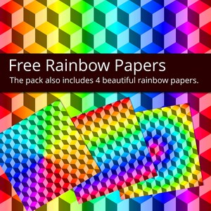 Puede incluir: Cuatro papeles digitales con un patr&oacute;n de cubo 3D de color arco&iacute;ris. El texto "Free Rainbow Papers" se muestra encima de los papeles. El texto "The pack also includes 4 beautiful rainbow papers." se muestra debajo de los papeles.