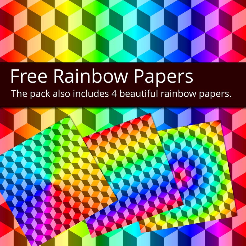 Puede incluir: Cuatro papeles digitales con un patr&oacute;n de cubo 3D de color arco&iacute;ris. El texto "Free Rainbow Papers" se muestra encima de los papeles. El texto "The pack also includes 4 beautiful rainbow papers." se muestra debajo de los papeles.