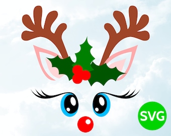 Reindeer Face SVG - Christmas SVG Reindeer Head with Antlers and Holly - SVG Cut file for Cricut & Silhouette - Cute Reindeer svg design