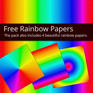 May include: Four digital papers with rainbow gradients. The papers feature a radial gradient, a horizontal gradient, and two circular gradients. The text "Free Rainbow Papers" is displayed above the papers. The text "The pack also includes 4 beautiful rainbow papers." is displayed below the papers.