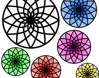 Rosette Mandala SVG file for Cricut in assorted colors plus black and white outline