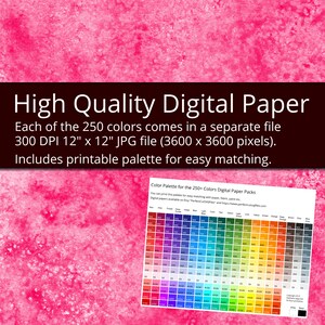 May include: A color palette chart for 250+ colors digital paper packs. The chart is printed on white paper and shows a grid of 250 color squares. Each square is labeled with a color name and a hex code. The chart is designed to help users easily match colors when creating digital paper packs.