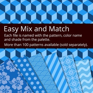 Puede incluir: Una colecci&oacute;n de papeles digitales con patrones azules con una variedad de dise&ntilde;os, que incluyen lunares, ondas, rayas y flores. El texto "Easy Mix and Match" se muestra sobre los papeles. Cada archivo se nombra con el patr&oacute;n, el nombre del color y la sombra de la paleta. M&aacute;s de 100 patrones est&aacute;n disponibles (se venden por separado).