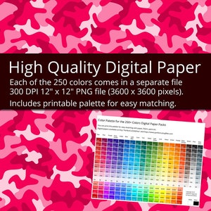 May include: 250 digital papers in a camouflage pattern with a rainbow color scheme. Each paper is 12 inches by 12 inches and 300 DPI. The pack also includes 4 free rainbow papers.