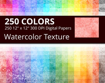 250 Watercolor Digital Paper Pack with 250 Colors, Rainbow Colors Watercolor Texture Pattern, Watercolor Digital Scrapbooking Paper Download