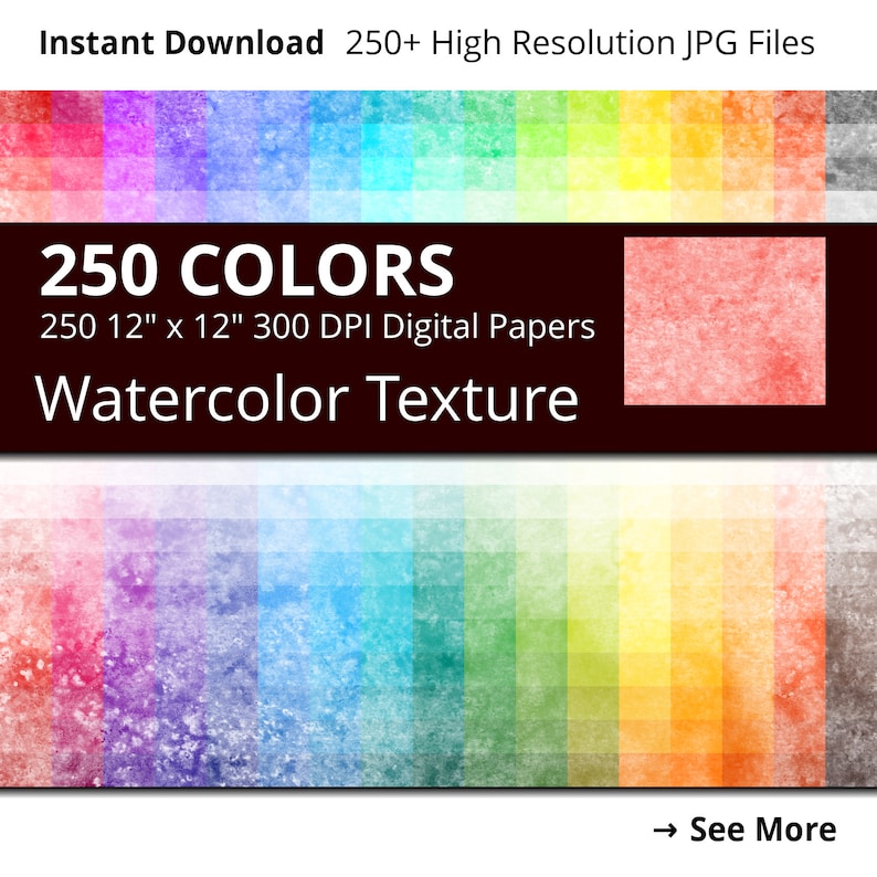 May include: A collection of 250 digital watercolor paper textures in various colors. Each paper is 12 inches by 12 inches and 300 DPI.