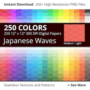 Japanese Waves Digital Paper Pack, 250 Colors Japanese Waves Scrapbook Paper Download, Rainbow Medium Light Japanese Waves Background