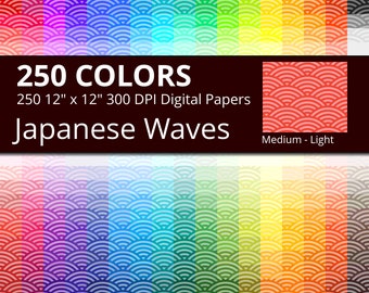 250 Japanese Waves Digital Paper Pack with 250 Colors, Rainbow Colors Medium Tinted Japanese Waves Pattern Scrapbooking Paper Download