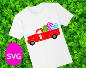 Easter Truck SVG file, a printable Easter Truck clipart carrying Easter Eggs and an Easter Bunny silhouette on the truck door