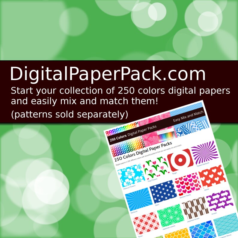 May include: A digital paper pack with 250 colors and a variety of patterns. The pack includes a variety of patterns, including flowers, stars, stripes, hearts, and geometric patterns. The text on the image reads "250 Colors Digital Paper Packs" and "Easy Mix and Match".