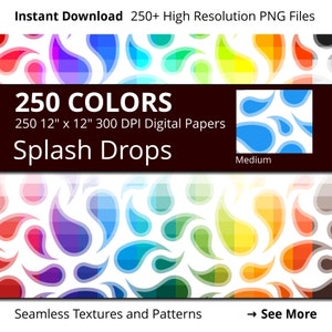 Water Drops Digital Paper Pack, 250 Colors Splashing Water Digital Paper Drops Paisley Pattern, Medium Seamless Curved Drops Background