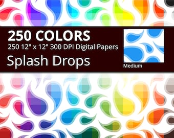 Water Drops Digital Paper Pack, 250 Colors Splashing Water Digital Paper Drops Paisley Pattern, Medium Seamless Curved Drops Background